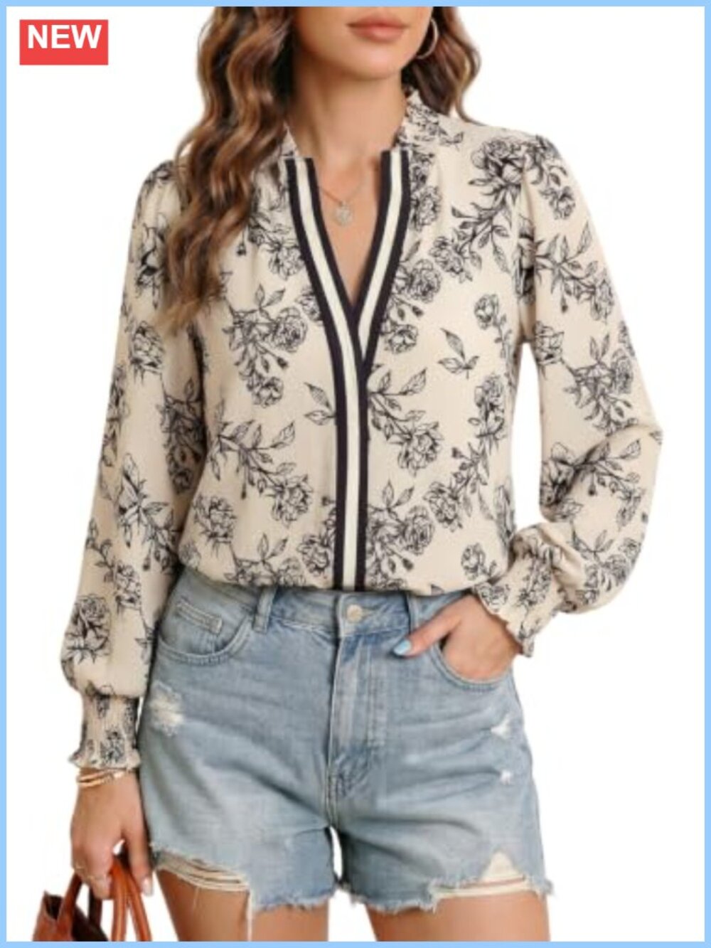 Boho Floral Ruffle Blouse V Neck Loose Fit Casual Fall Top